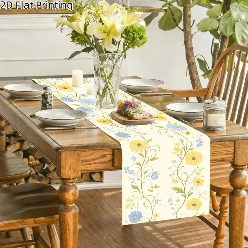 Pastoral Style Daisy and Blue Flower Pattern Table Runner, Fresh Floral Design Long Tablecloth, Dining Table Decoration Cloth, Home Banquet Party Table Decoration, Suitable for All Seasons, Spring, Summer, Autumn, Winter, Kitchen-Specific, Table Decoration, Machine Washable, Party Decoration, Themed Backdrop, Holiday Gift, Thanksgiving, Halloween, Christmas, Great Gift Item, Versatile and Durable