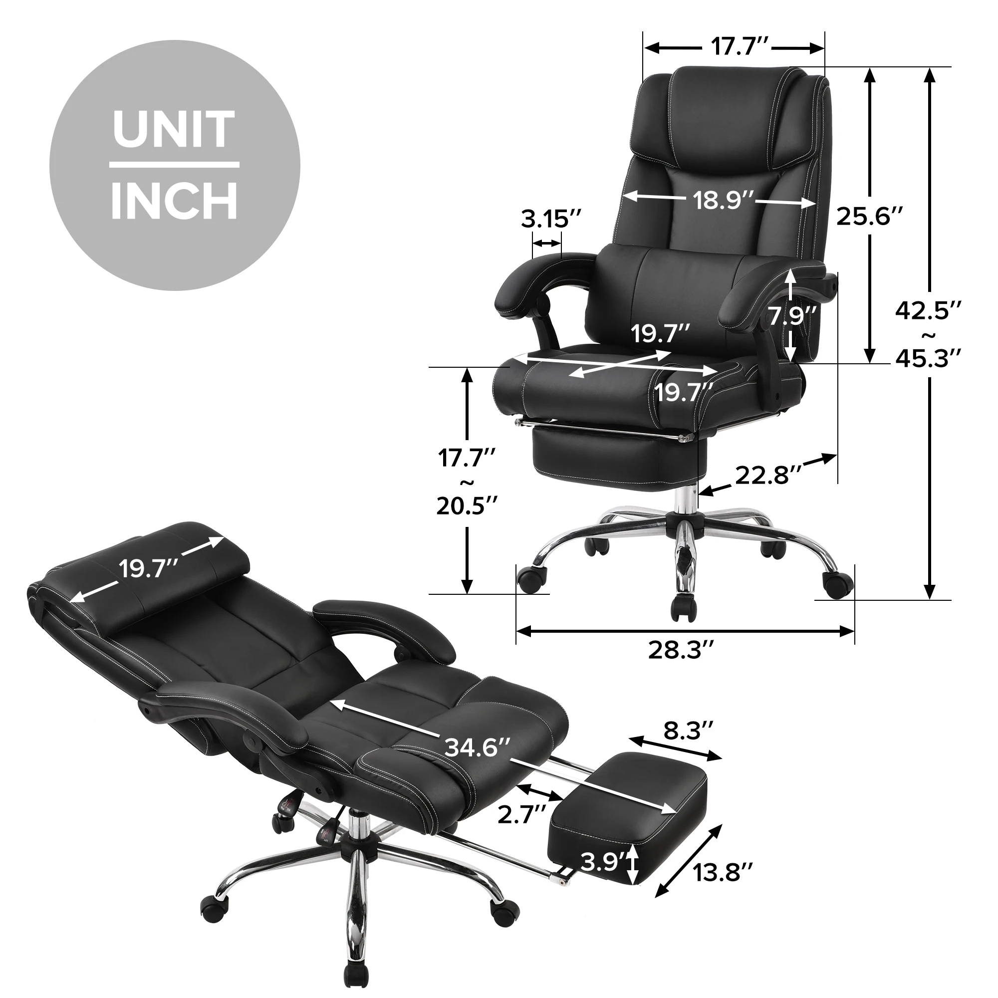 Office Chair High Quality PU Leather/Double Padded/Support Cushion and Footrest[US-W]