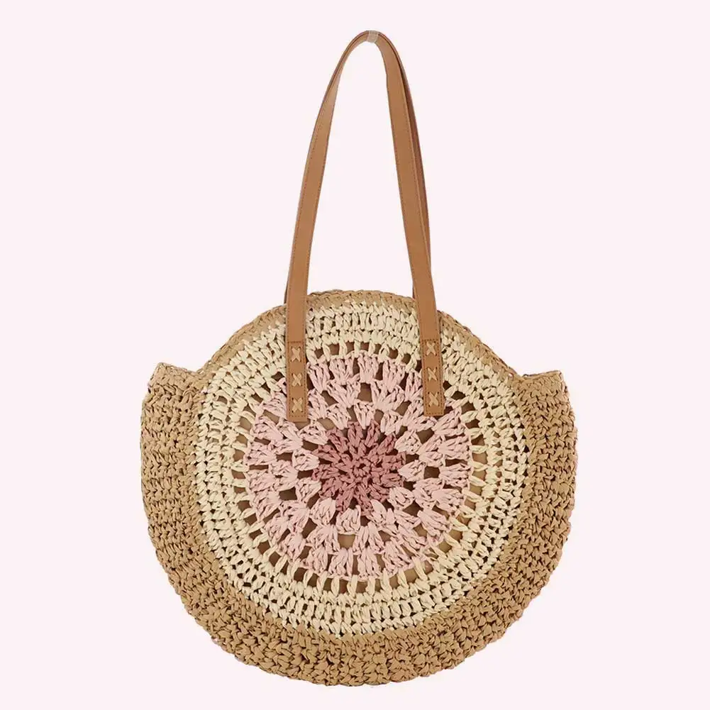 

Round Casual Tote Bag with Zipper Closure Large Woven Beach Bag with Color Collision Holiday Travel Handbag for Women and Girls