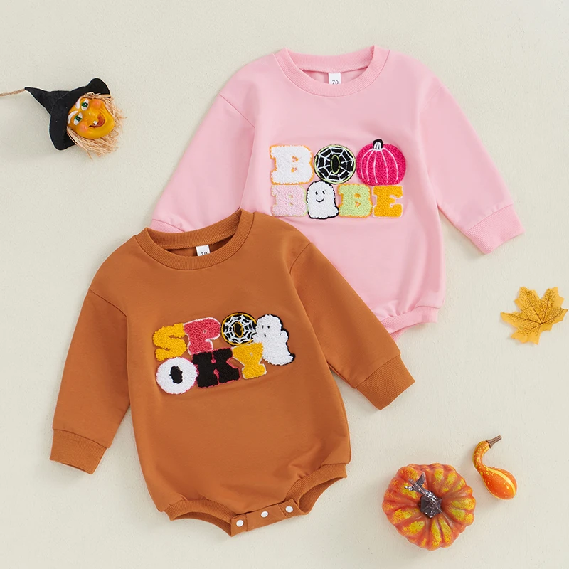 

Toddler Baby Girls Sweatshirts Rompers Halloween Bodysuit Letter Pumpkin Ghost Fuzzy Embroidery Long Sleeve Fall Bodysuits