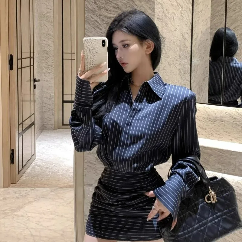 Robes chemise pour femmes Kpop sensuelles t-shirts Sexy courbés en Promotion Chic et élégant jolie robe à manches longues pour femme à rayures chaudes