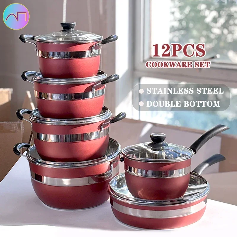 

wholesale stainless steel 12pcs cookware set polishing Thickened double bottom stock pots and pans juego de ollas casseroles
