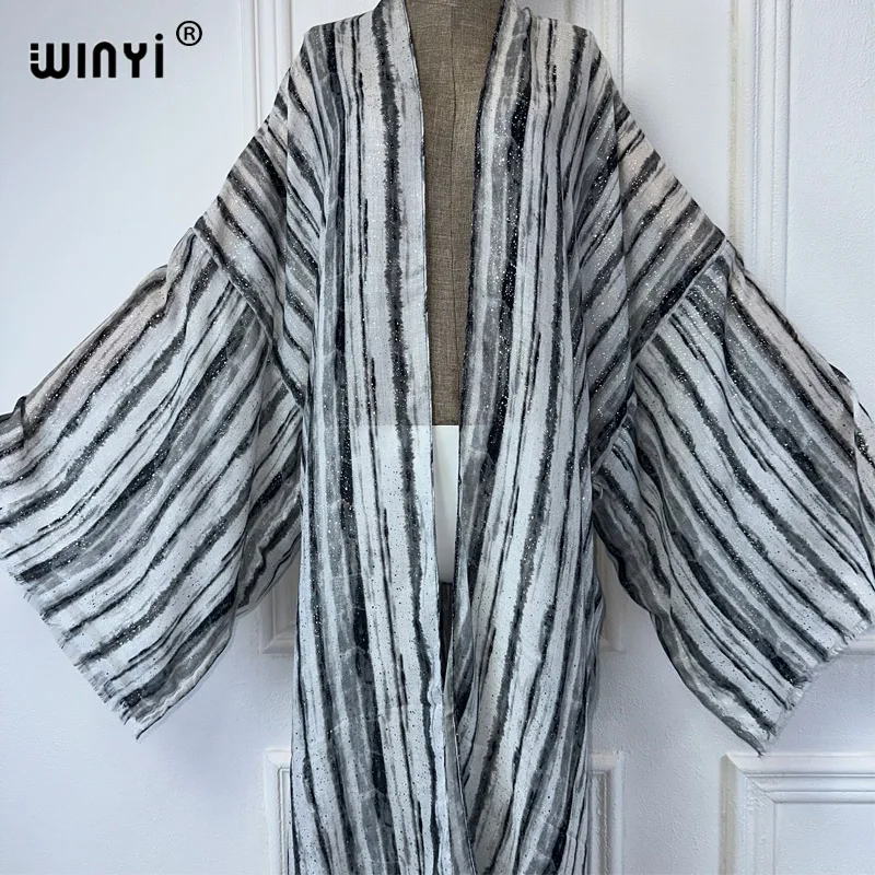 WINYI-Cardigã estampado preto e branco bronzeador feminino, quimono de verão, kaftan feminino, abaya, Dubai, luxo para cobrir a praia, vestido boho