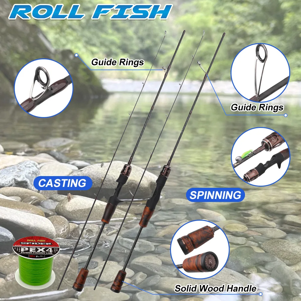 

Сверхлегкий спиннинг ROLLFISH из углеродного волокна, удочка для ловли форели UL, ручка из цельного дерева для форели, окуня + 100 м, полиэтиленовая леска