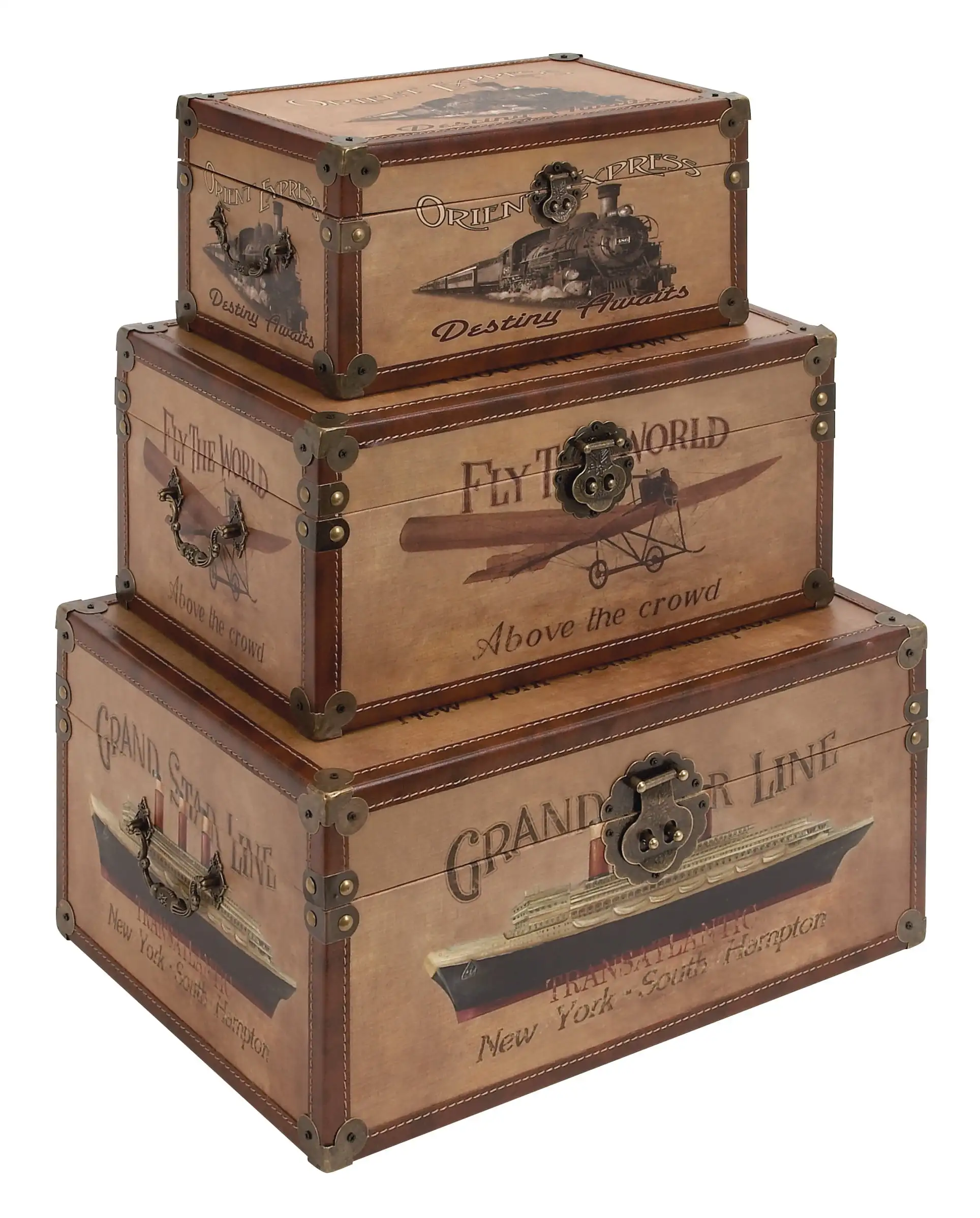 

17" x 8" Brown Wooden Nesting Upholstered Trunk with Vintage Accents and Studs, 3-Pieces