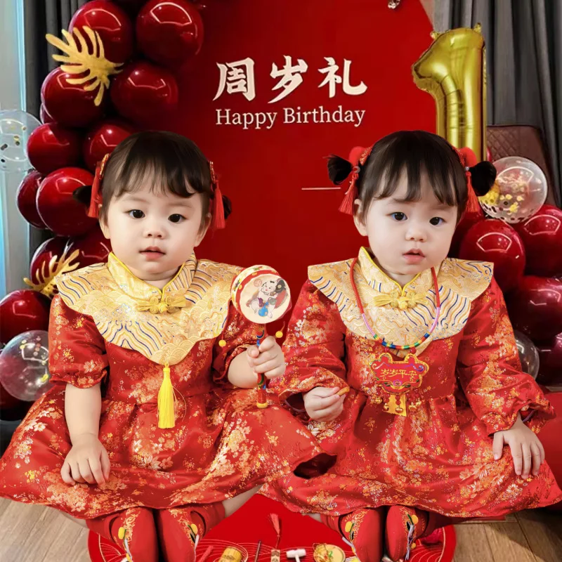 Gaun tradisional Cina bayi baru lahir, pakaian Oriental Anak perempuan lengan panjang natal hadiah ulang tahun baru merah musim dingin Tang