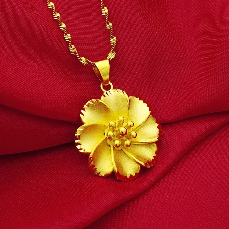 

24K Yellow Gold Flower Pendant Necklace, 9999 Real Gold Necklace for Women Man Fashion Wedding Party Charm Jewelry