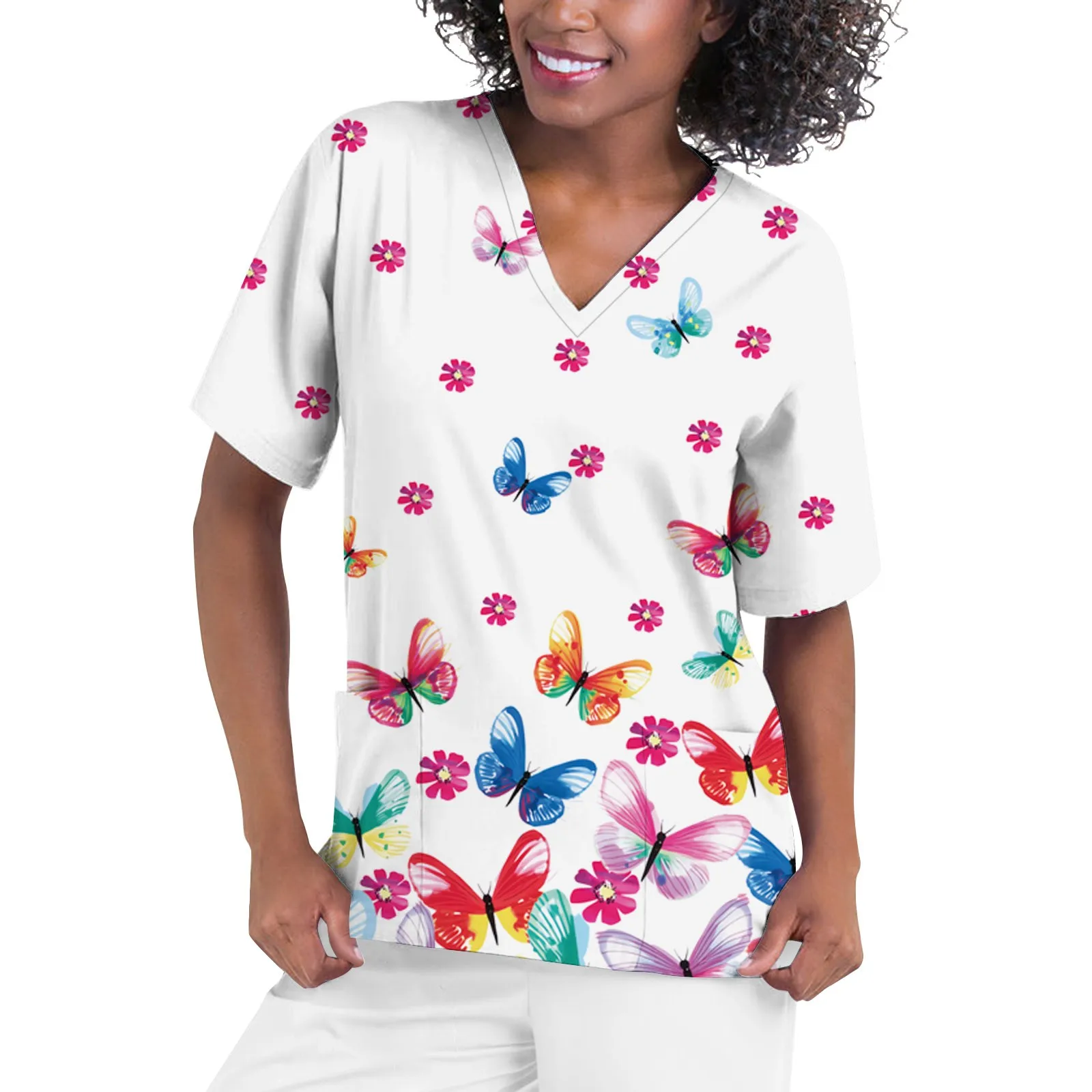 Mulheres Enfermagem Scrub Top, Uniforme de Enfermeira, Uniforme Cirurgia de Enfermagem, Estampa Amor Floral, Workwear Trabalho, Scrubs Clínicos, Cirurgia Gráfica