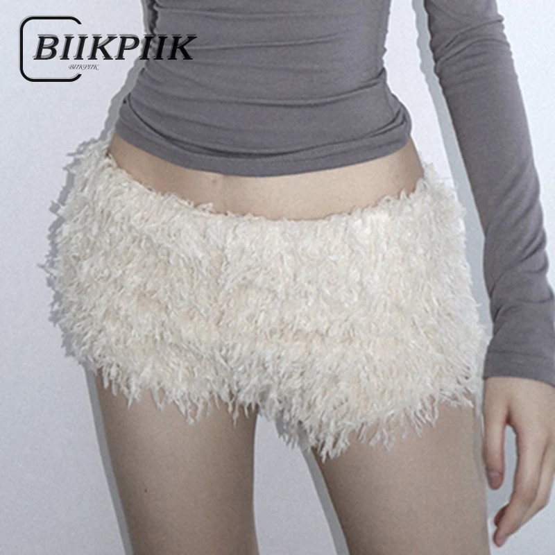 BIIKPIIK Korean Style Plush Hot Shorts For Girls Casual Solid Low Waist Slim Fit Fur Short Pants Gentle All-match Bottom Clothes