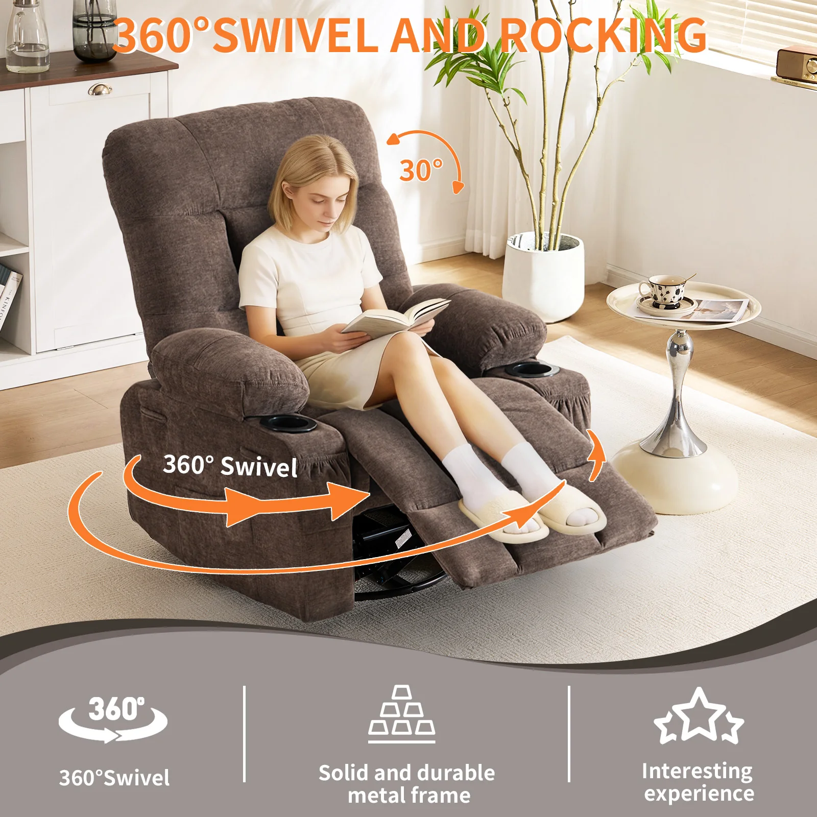 360° Swivel Rocker Recliner Chair, Modern Recliner Single Sofa with Cup Holders, Manual Nursery Rocking Chair with Side Pockets,  Upholstered Recliner for Living Room,Apartment,Home Theater