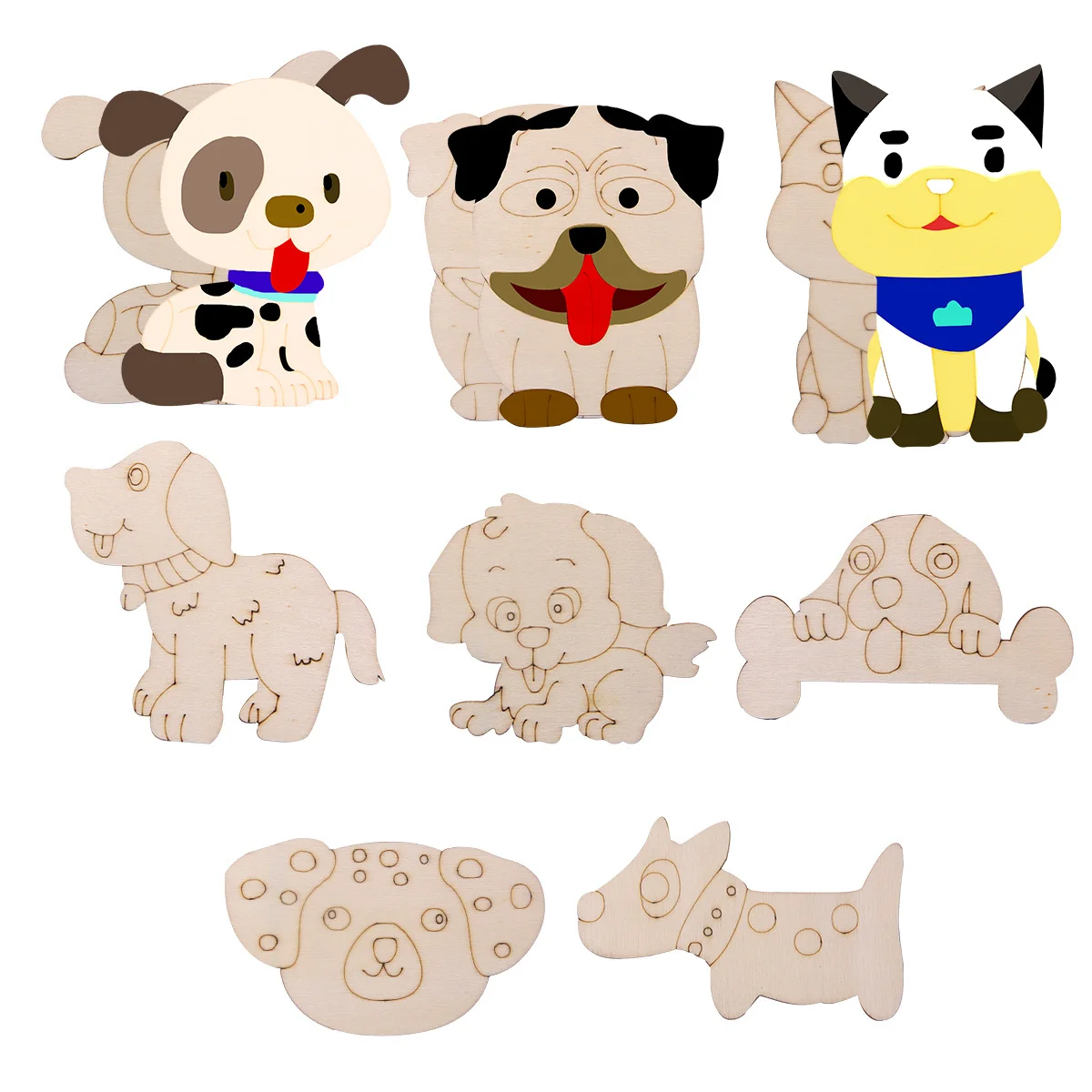 8Pcs Carton Dogs Wooden Crafts Multi Type Dogs Ornament For Dog's Happy Birthday Party Decorations Kids DIY Painting Supplies