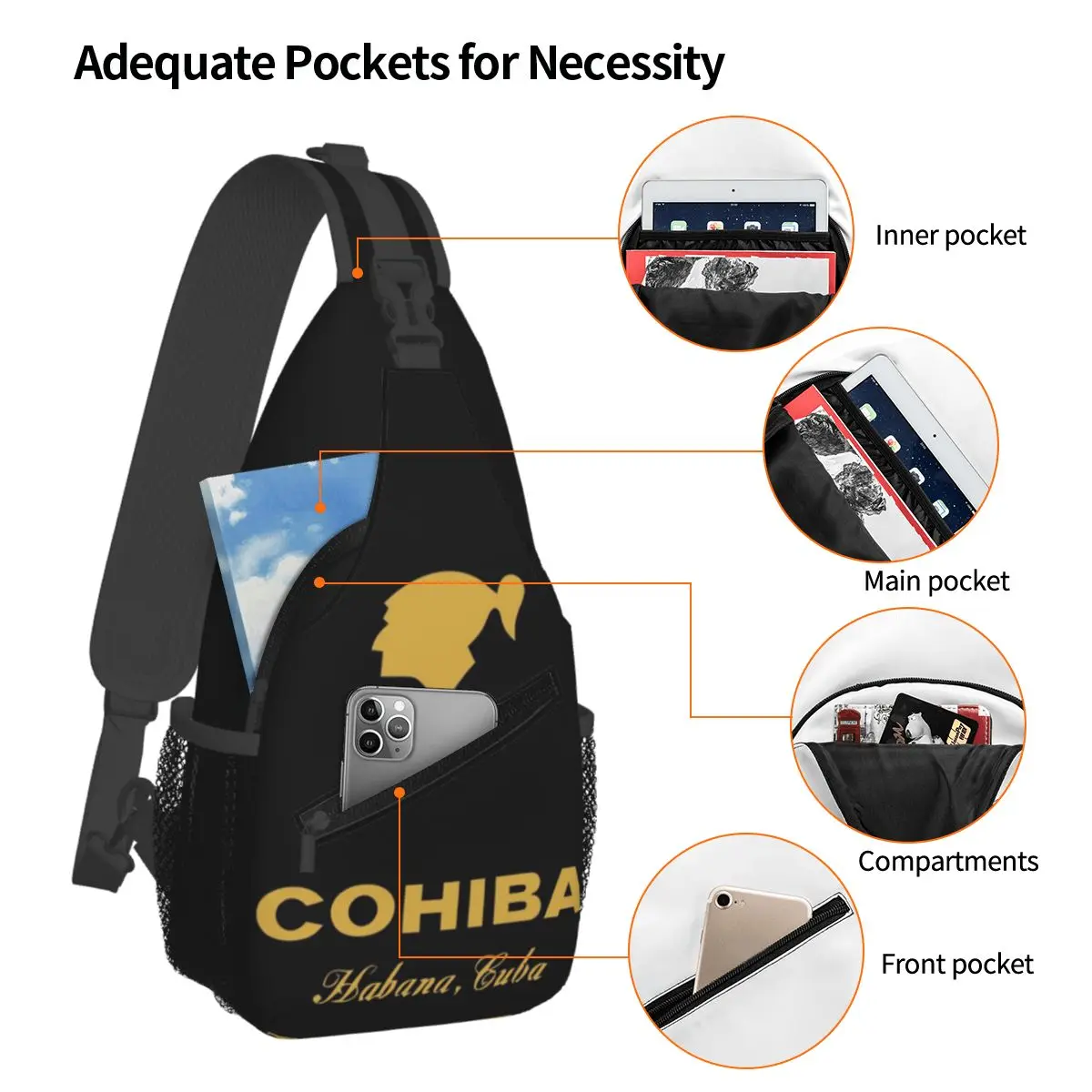 Cohiba Habana Cuba Cigar Sling Sac à dos pour homme, sac à bandoulière, sac de poitrine de voyage de randonnée, sac à dos à bandoulière, poudres initiées