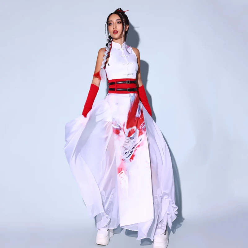 2024 Chinese Style Jazz Dance Costume Women Fairy White Suit Kpop Outfits Nightclub Dj Bar Gogo Dance Performance Clothes L12234