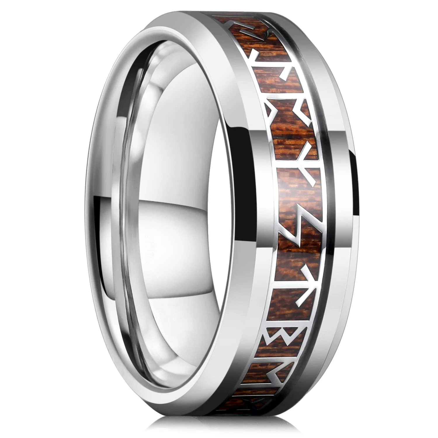 Classic 8mm Men's Stainless Steel Nordic Viking Rune Ring Inlaid Acacia Wood Ring Men Women Wedding Ring Jewelry Gifts Wholesale