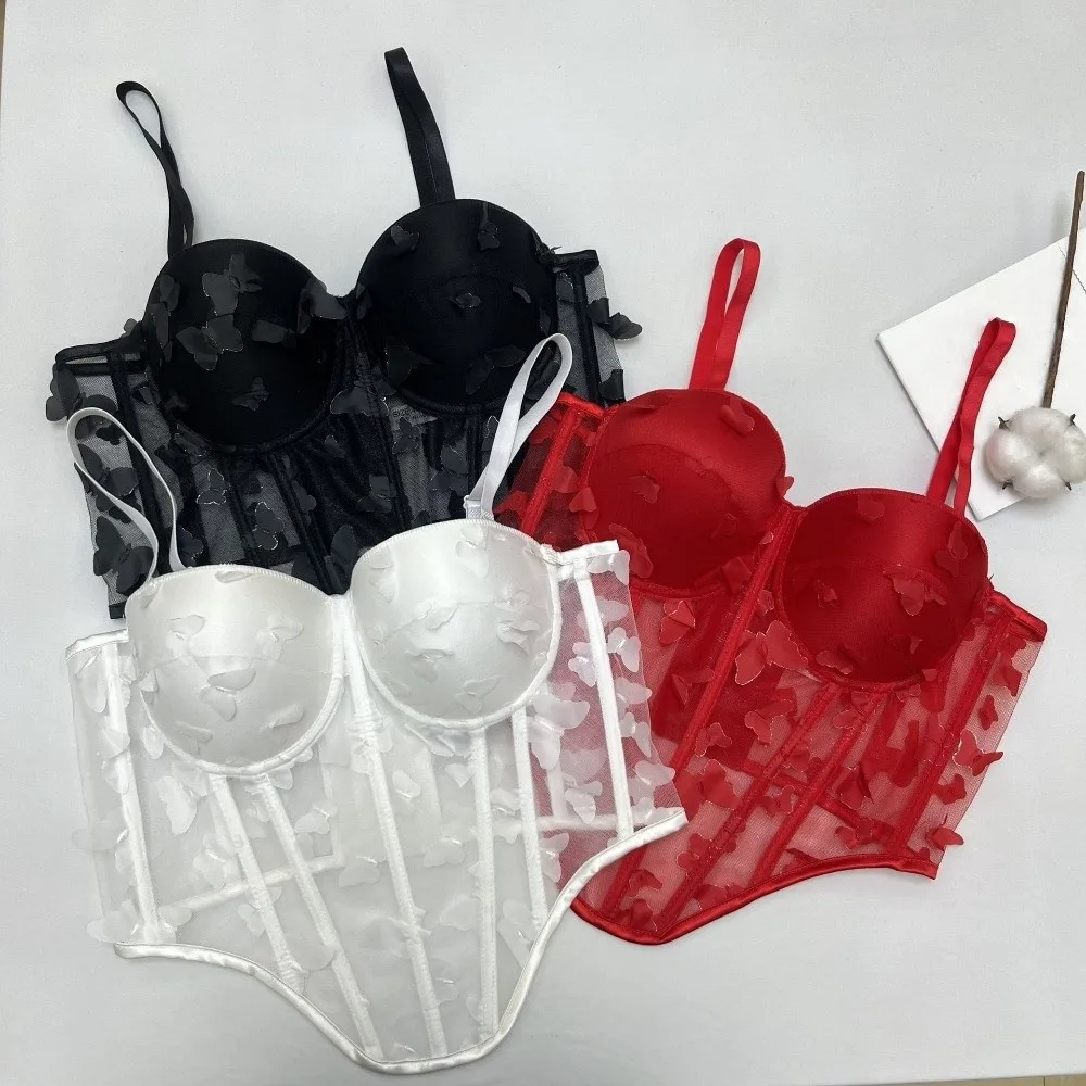 Corsé elástico de mariposa hueca, camisola transparente sin mangas, Tops cortos, ropa de calle, tanques, chaleco con tirantes para viaje