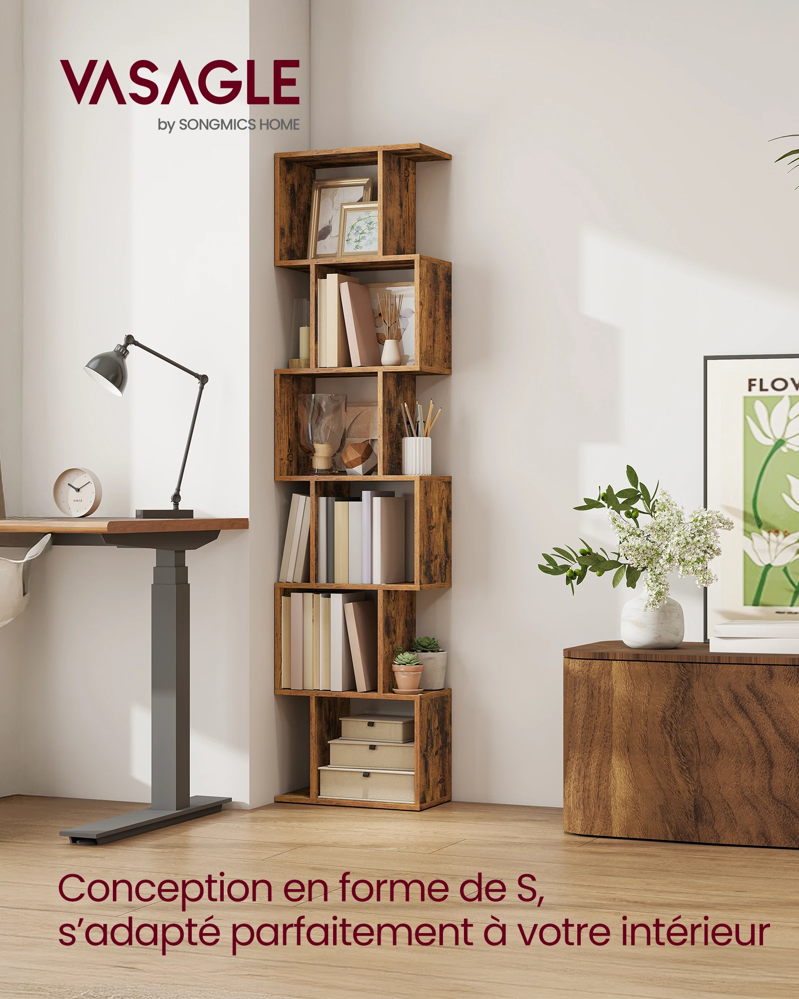 Bibliothèque, Étagère à 6 Niveaux, 24 x 40 x 191 cm, Meuble de Rangement, Cloison Séparateur, pour Salon, Chambre, Bureau, Marron Rustique/Blanc Nuage