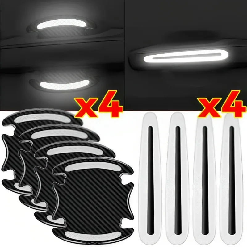 Universal Reflective Car Door Handle Scratch Protection Sticker Carbon Fiber Safety Alert Reflective Film Sticker Auto Part