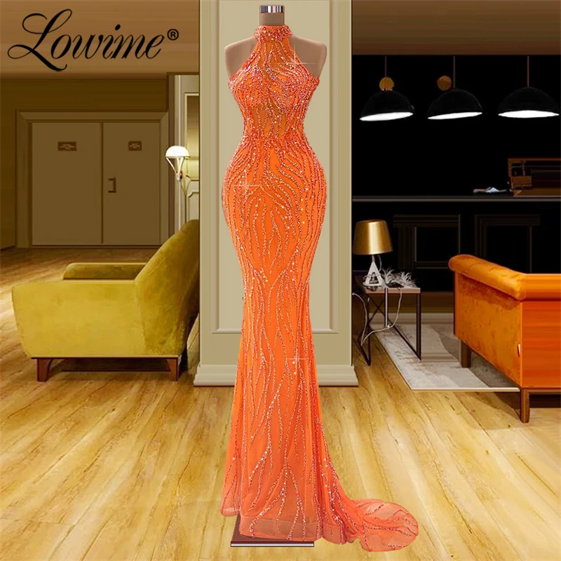 Lowime Arabic Beaded Mermaid Orange Long Party Dresses Women Evening Gown 2022 Customized High Neck Formal Prom Dress Vestidos