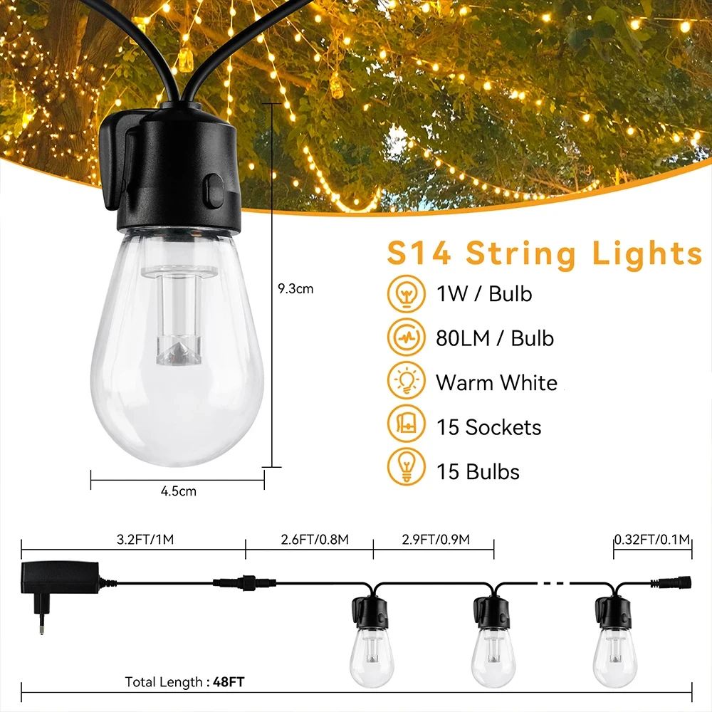 18M 30M ST38 LED Outdoor Lichtslingers Onbreekbaar Waterdicht 2200k Kerstverlichting voor Kerstboom Tuin Bruiloft decor Lamp