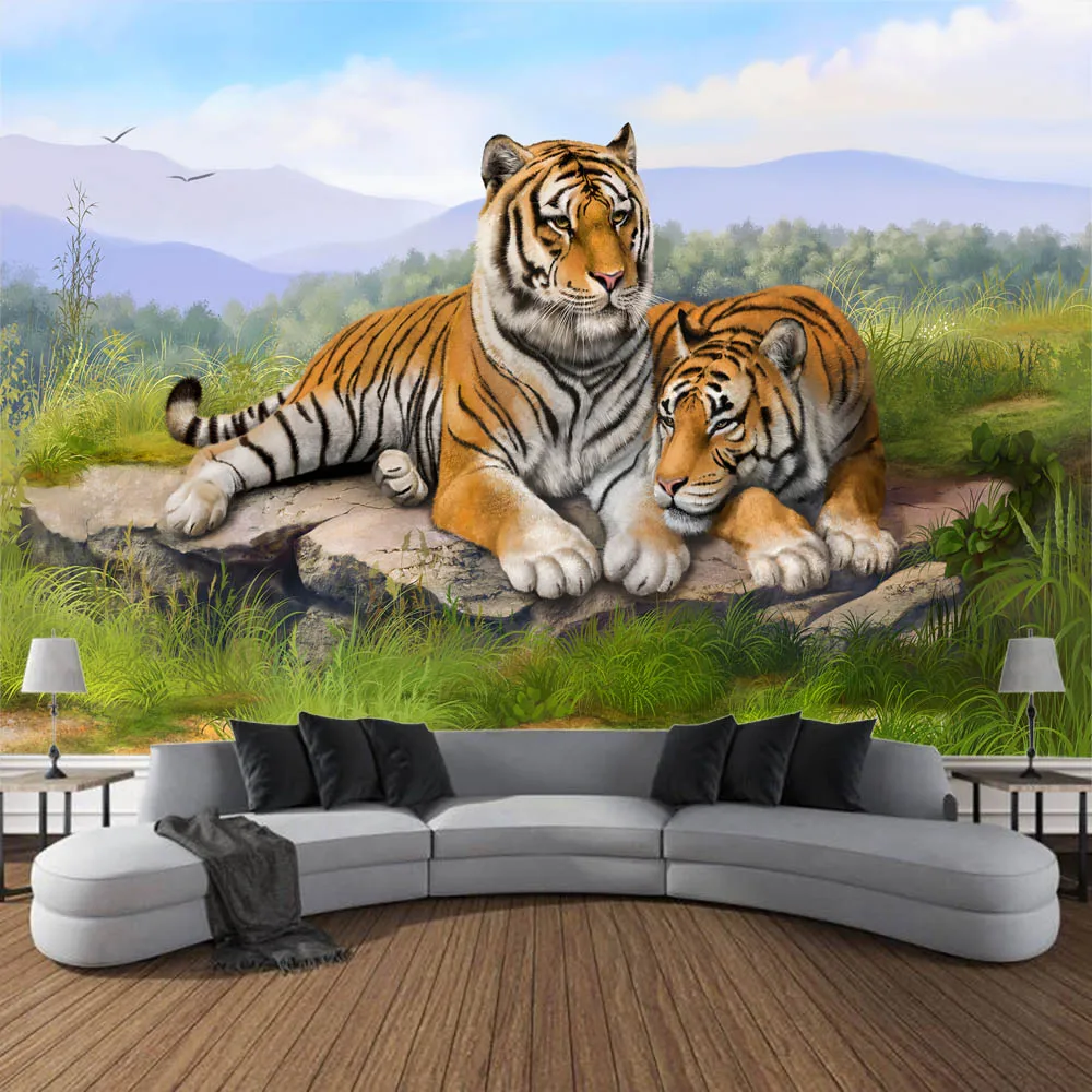 Forest Lion Tapestry Tiger, Animal, Hippie, Wall Decoration, Cartoon Background Cloth, Hippie, Home, Bedroom, Living Room