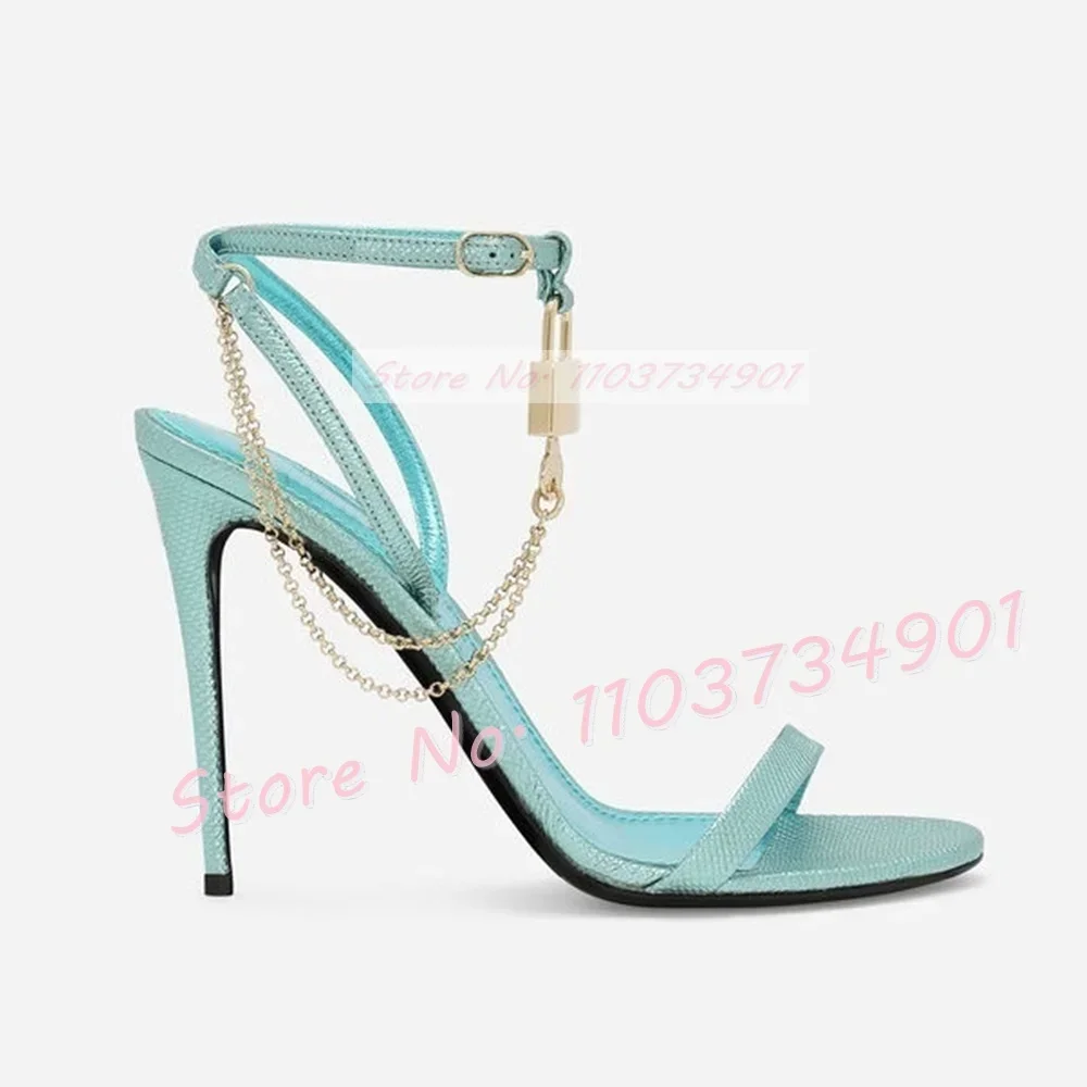 Gold Key Lock High Heels Sandals Female Open Toe Cross Strap Stiletto Shoes Women Luxury Party Metal Chain Belt Buckle Sandals