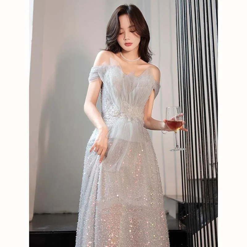 Elegante formele avondjurk strapless off-shoulder delicate pailletten backless bandage slanke A-lijn vrouwelijke banket feestjurk