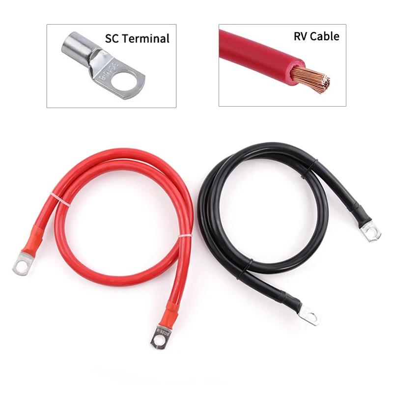 Battery Inverter Cable Set with M8 SC Terminals 8/6/4AWG Stranded Copper Cord Solar Power Connection Wire with Lug 20cm - 100cm