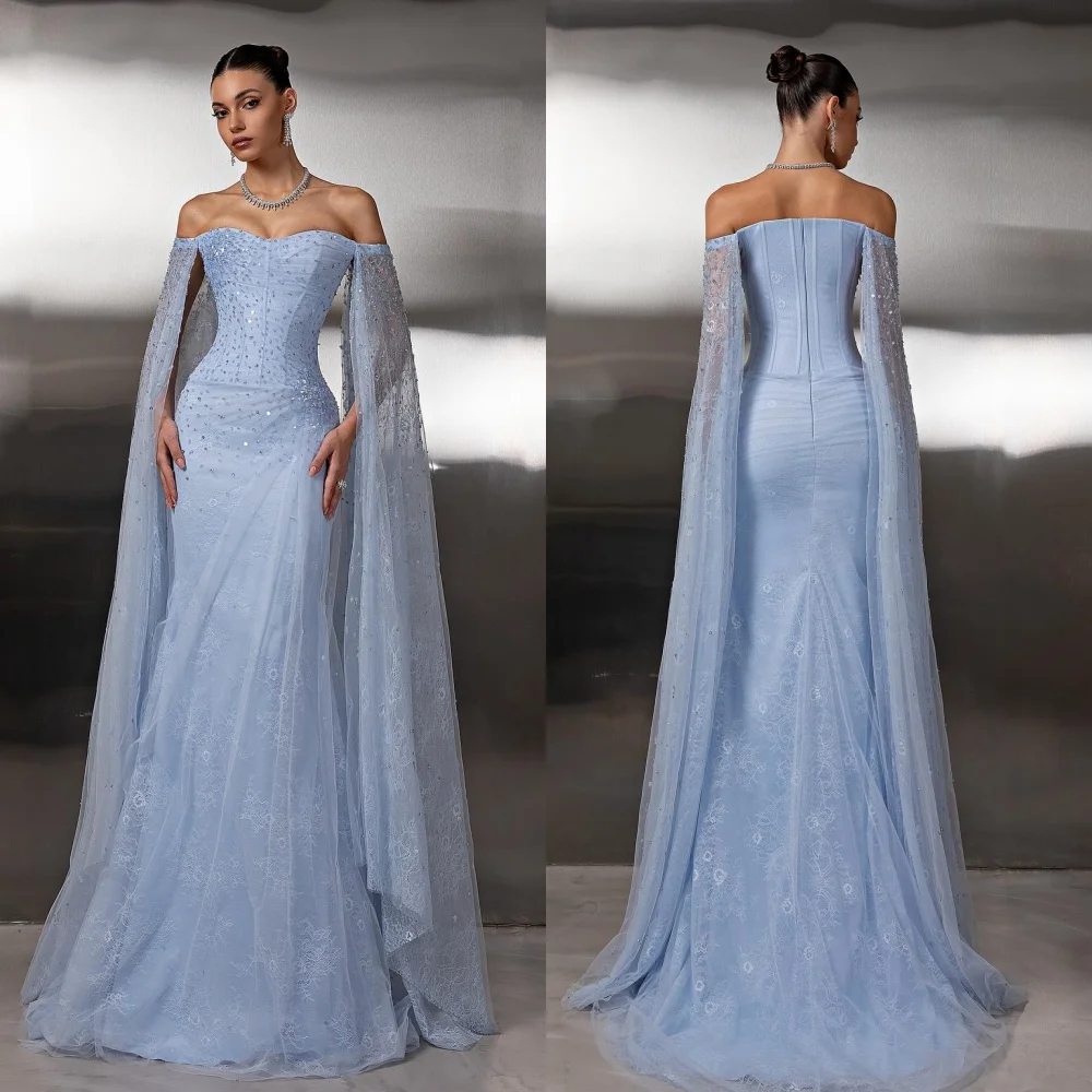 Aangepaste mode glitter kant plooi strass lovertjes kralen zeemeermin off-the-shoulder lange jurken op maat gemaakte gelegenheidsjurken