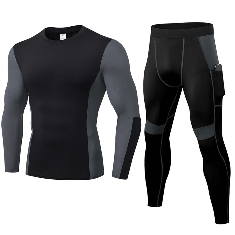 Men GYM Suits Compression Sports Fitness Sets Workout Exercise Jogging Hiking Top Long Tee Shirt + Running Tights Tracksuit 0819