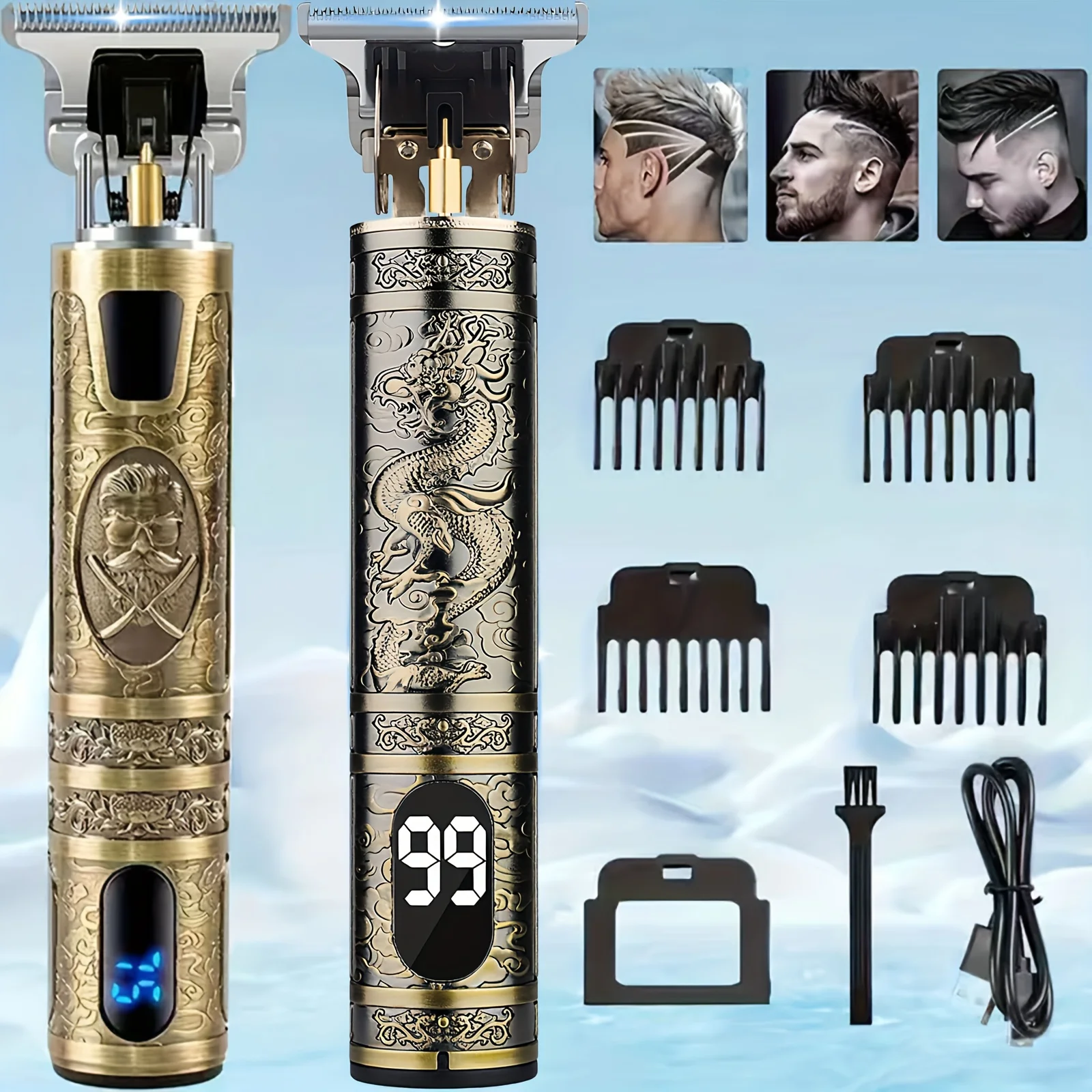 Men'S Grooming Guide - 電動/コードレスヘアクリッパー＆ビアードトリマー、LCDスクリーン搭載、USB充電式、T字型ブレードシェーバー（髭剃り/体毛トリミング用）、ガイドコームシステム、旅行用USBグルーミングツール