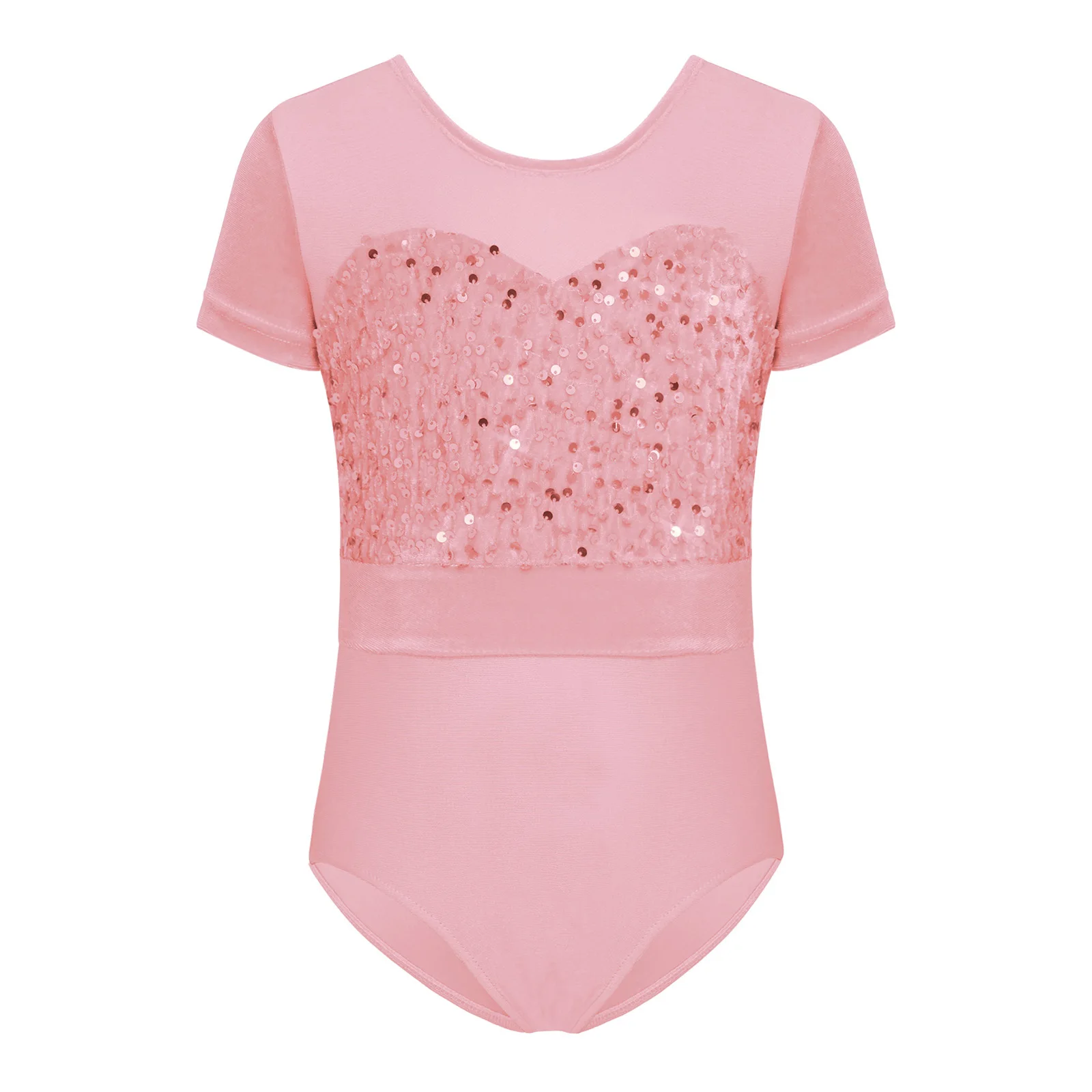 

Girls Ballet Leotard Short Sleeve Shiny Sequins Velvet Patchwork Press Buttons Crotch Bodysuit for Figure Skating Performance