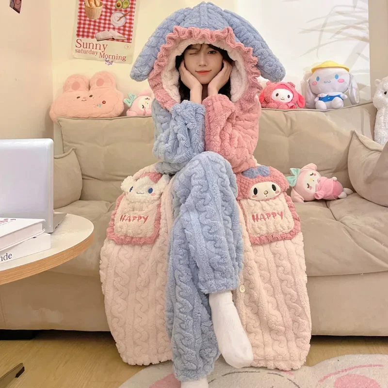 

Kawaii Sanrio Hello Kitty Women Plush Pajamas Robe Set Kuromi Winter Cartoon Hooded Melody Thickened Matched Homewear Soft 2PCS
