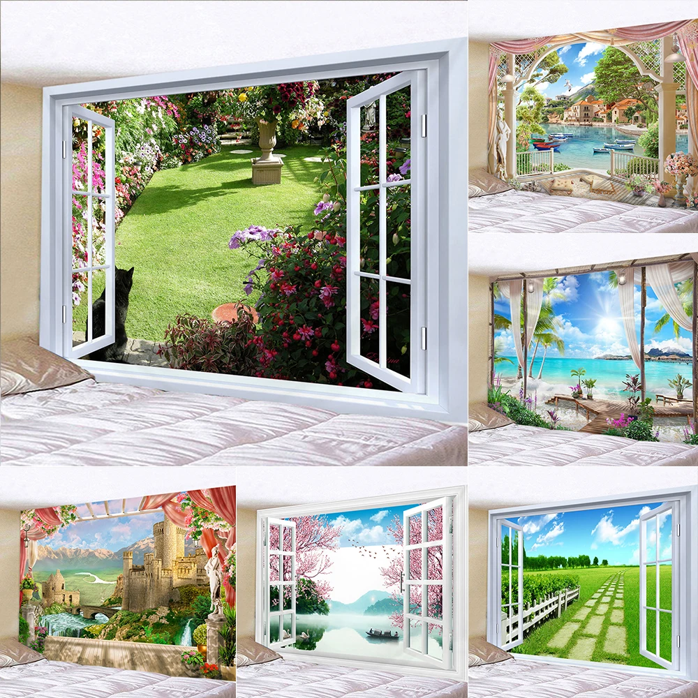 3D Imitation Window Forest Landscape Tapestry Wall Hanging Bohemian Psychedelic Mandala Home Decoration Wall Cloth Yoga Mat