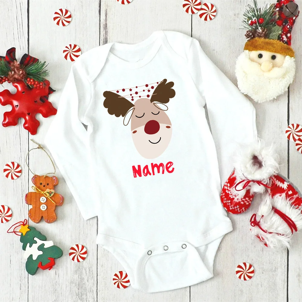 Personalised Christmas Baby Bodysuit Custom Name Infant Outfit Clothes Boy Girl Holiday Party Jumpsuit Deer Santa Newborn Romper