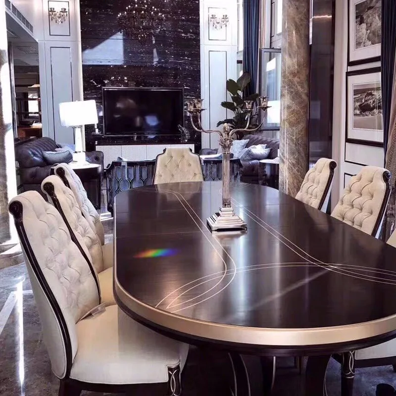 Solid Wood Oval Dining Table and Chairs Set American Style Neoclassical Light Luxury Carved Buckle Living Room Home Furniture
