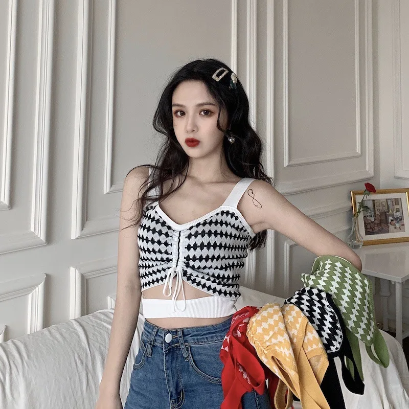 Rings Diary Summer Women Strappy Tops Ruched Front Drawstring Cut Out Crop Tops Sweetheart Neck Sweet Knit Going Out Plaid Top