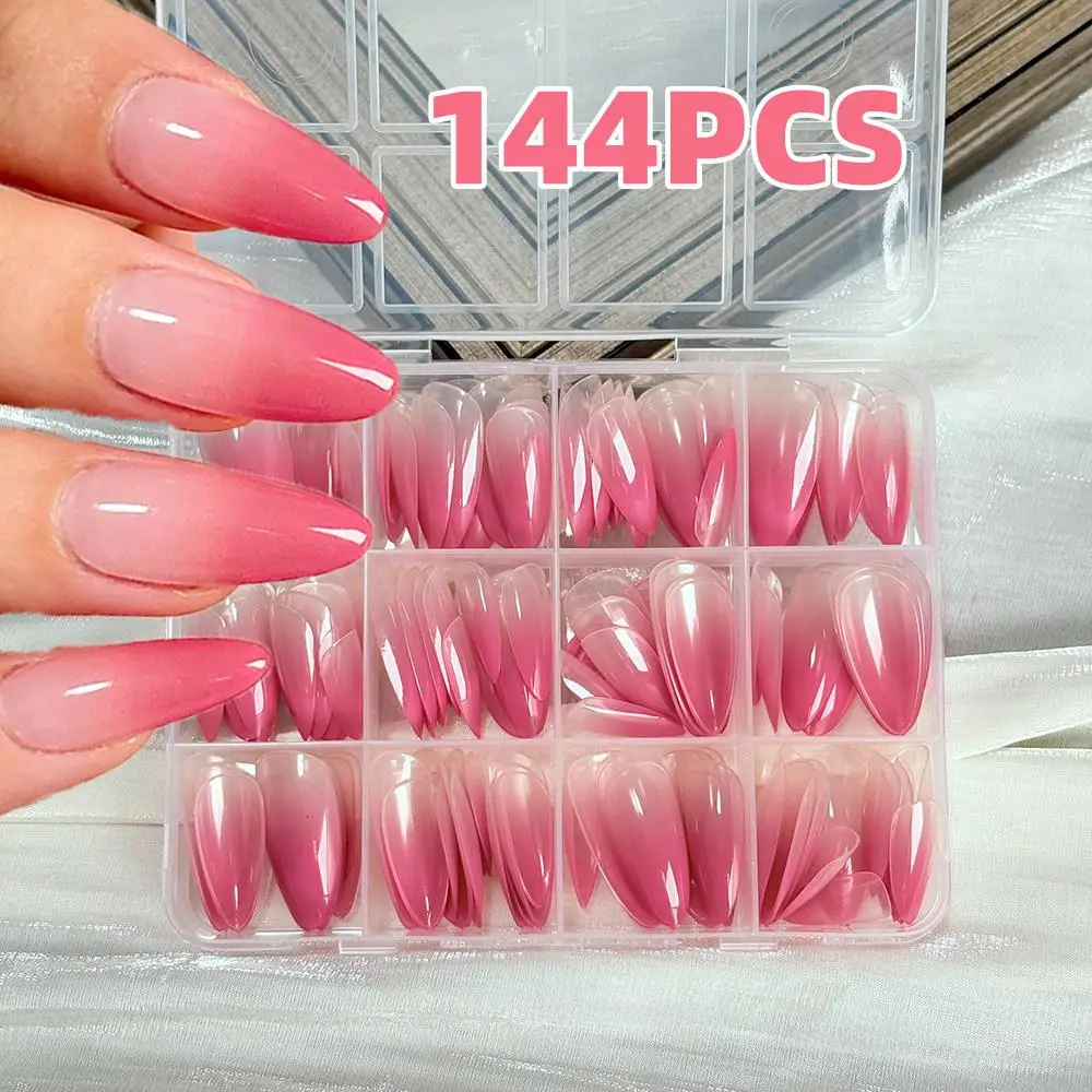 

144Pcs Peach Pink Gradient Press On Nails Glossy Long Almond Fake Nails for Women Daily Work Chic Date Wearable False Nail Tips