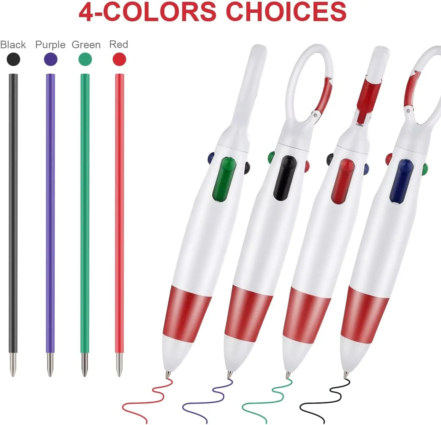 40Pcs Retractable Ballpoint Pens Multicolor Pens with Buckle Keychain on Top for Office School Carabiner Shuttle Pens 4-in-1