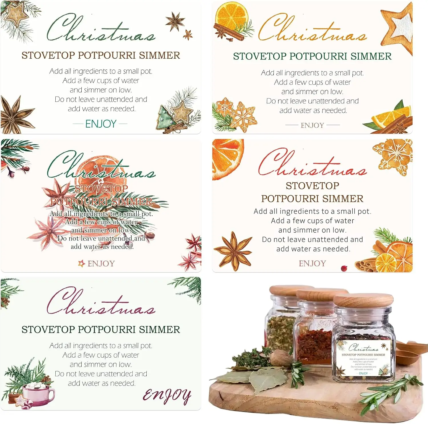 `120Pcs 2x3 Inch Christmas Stovetop Simmer Potpourri Labels, Self‑Adhesive Present Tags, Home Scent DIY Christmas Party Decor