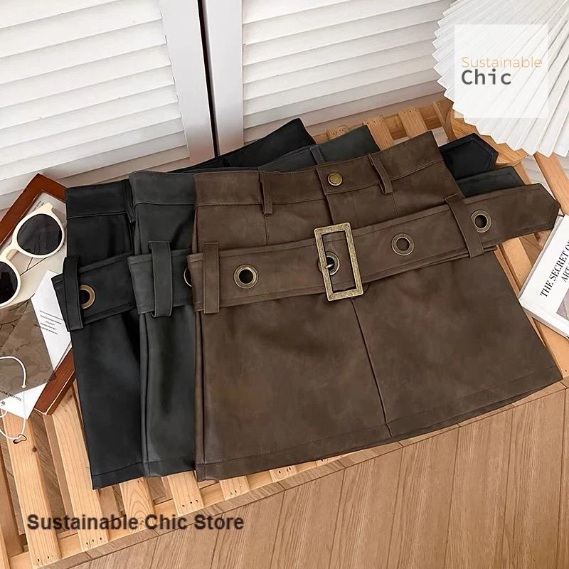 American retro spice PU leather high waist hip skirt women's spring and autumn new fashion slim anti-exposure skirt A-line skirt