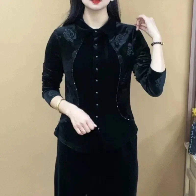 Spring Women Design Sense Jacquard Velvet Top Korean Lady Long Sleeves T-shirt Coat Autumn Female Large Size 4XL Cardigan Shirts