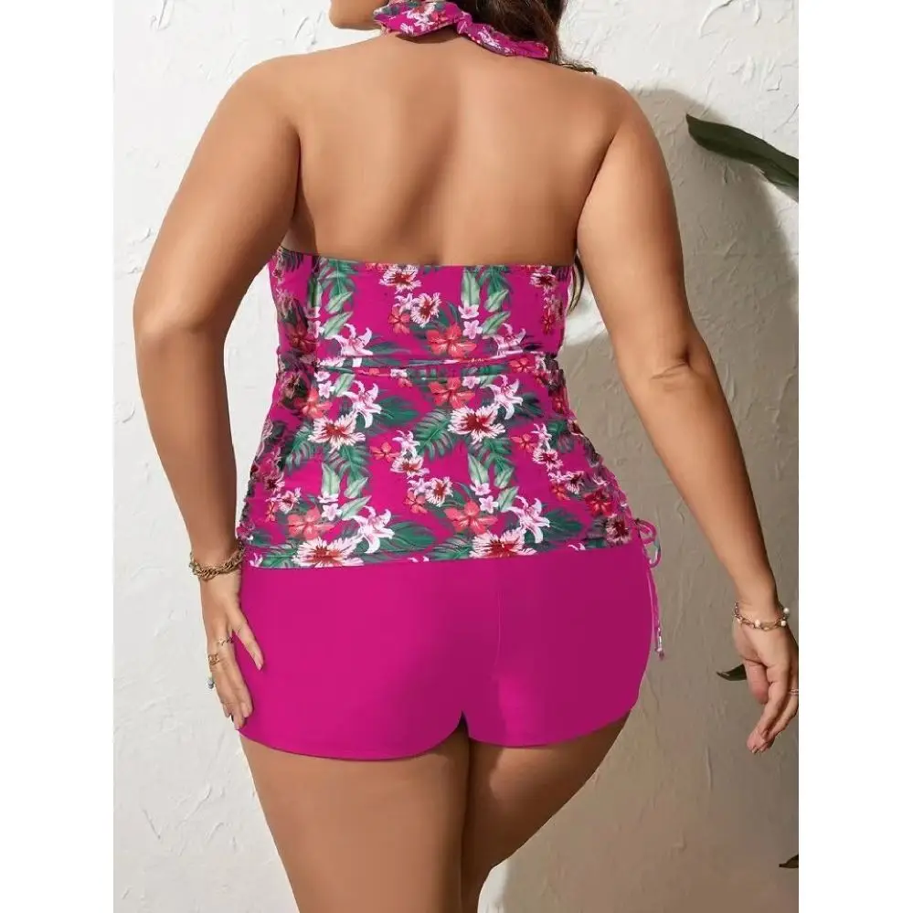 Cikini-Plus Size Bikini, Split Print, Side Drawstring, Hanging Neck, Lace, Backless, Sexy Swimsuit, Summer Beach Swimwear