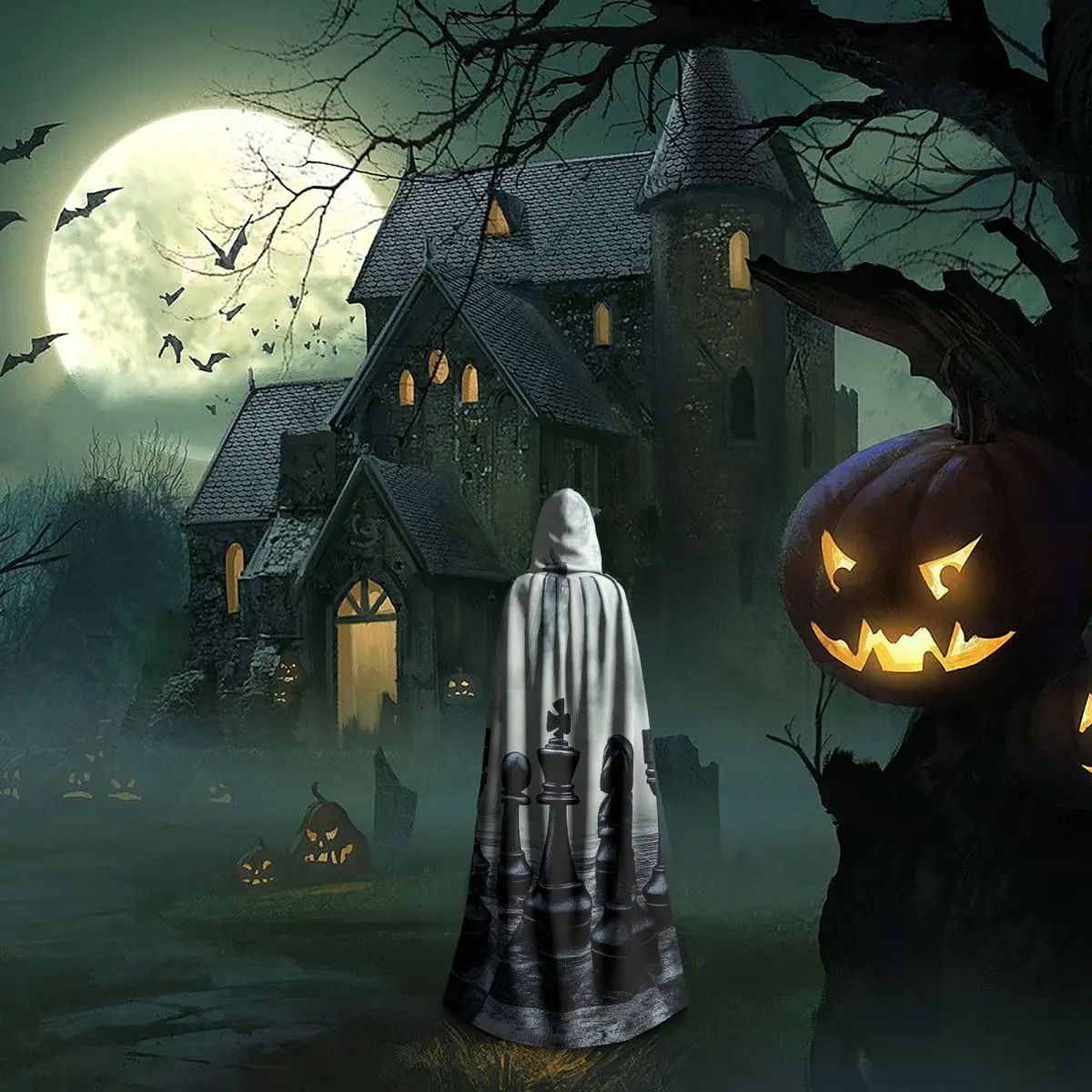 블랙 킹 체스 체스보드 롱 후드 망토 마녀 중세 의상 코스프레 케이프 할로윈 뱀파이어 성인 유니섹스