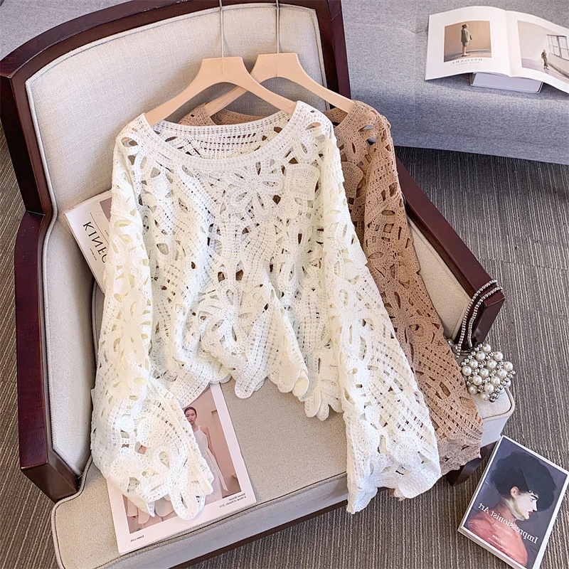 

Милый ажурный вязаный топ, однотонная круглая верхняя одежда, футболка больших размеров, женская модная повседневная осенняя одежда