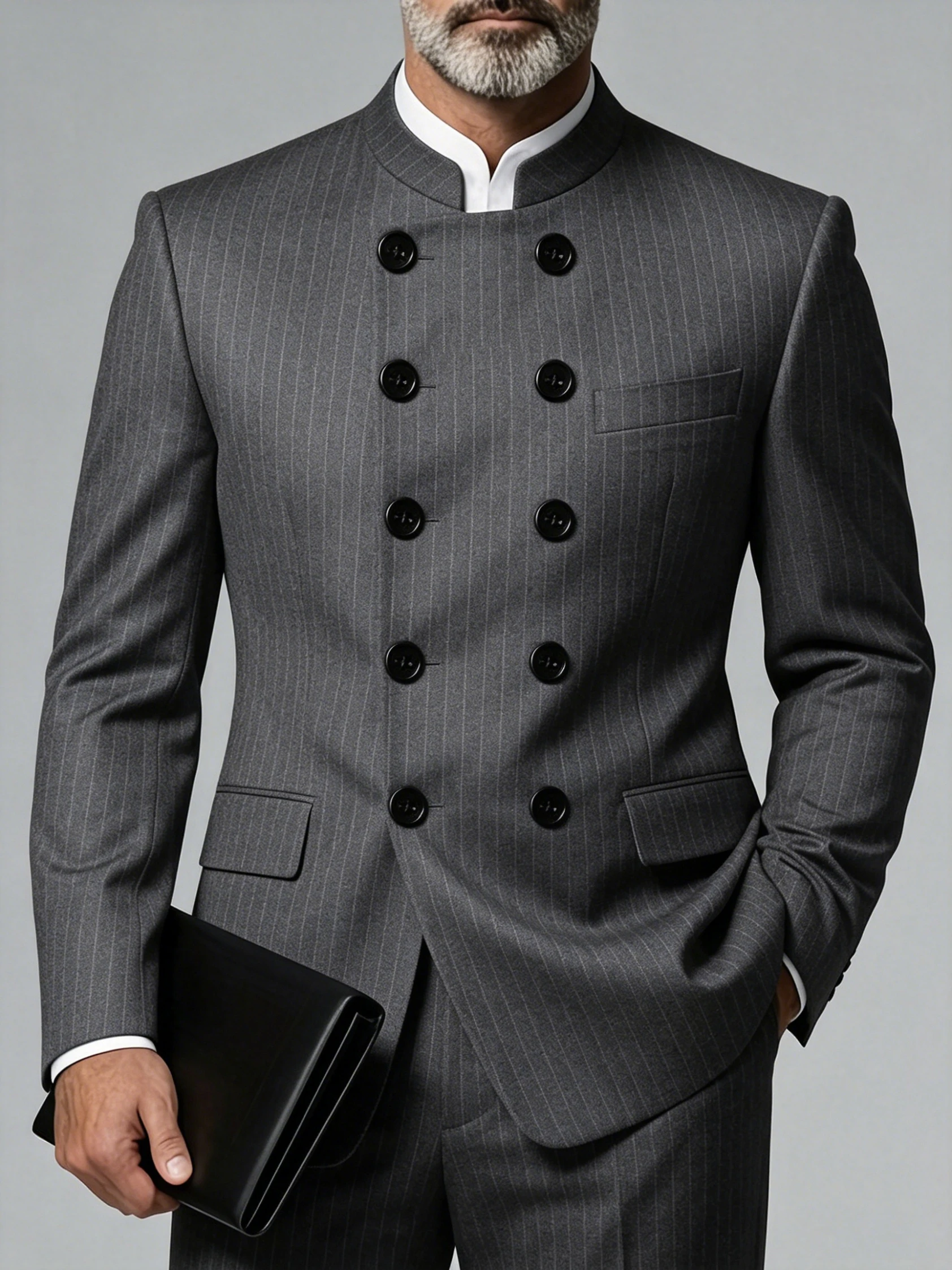 Men's Plus Size Blazer Mandarin Collar Double Breasted Slim Fit Grey Pinstripe Luxury Jacket For Business Wedding Party Banquet