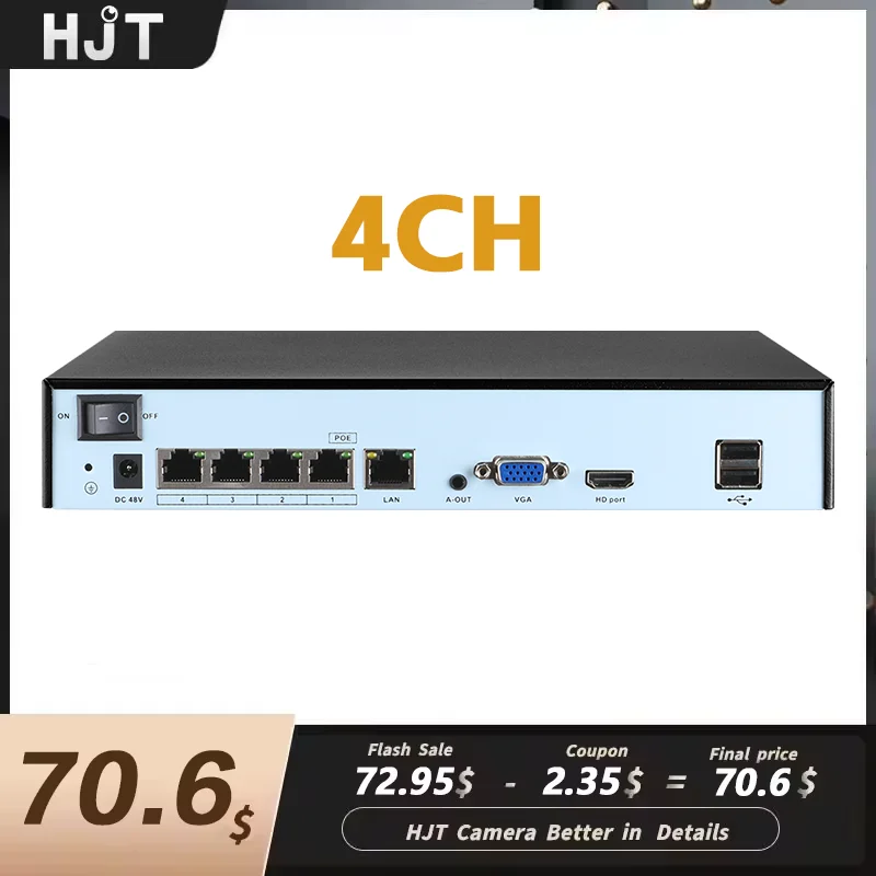 

HJT 4CH 4K 8MP POE NVR Video Recorder 4CH Onvif H.265 Audio Out IP Camera CCTV System P2P Network Xmeye