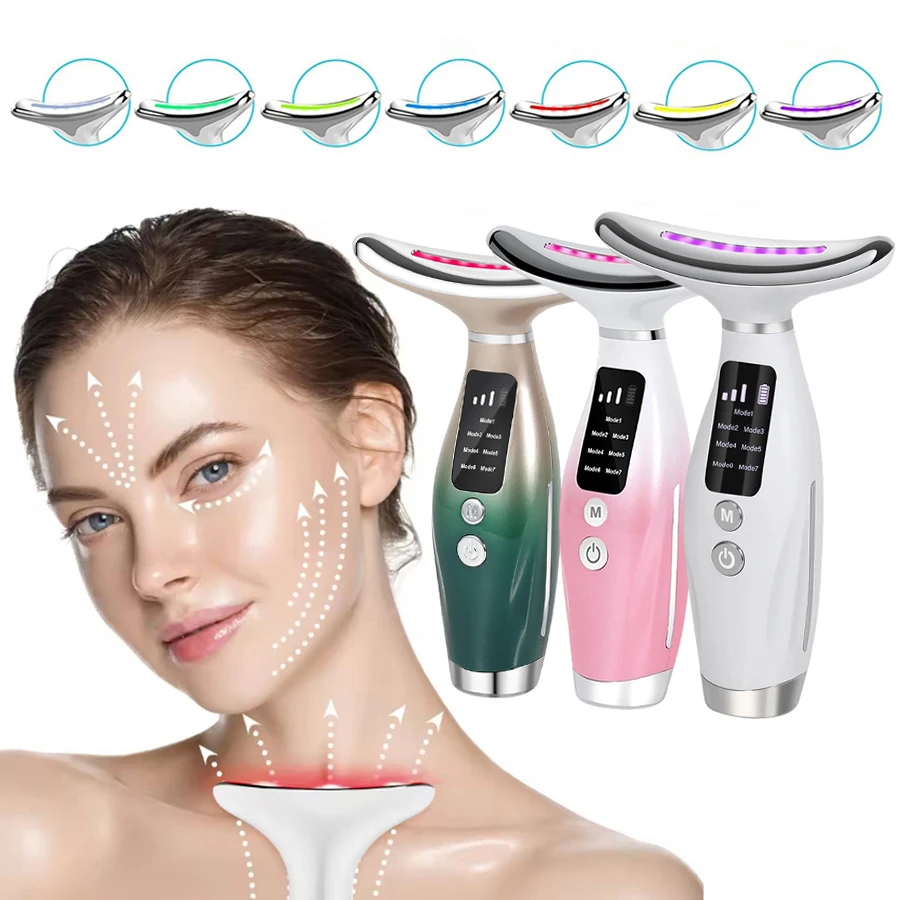 เครื่องนวดหน้าและลำคอ 7 สี LED พร้อมระบบสั่นสะเทือน ช่วยลดเลือนริ้วรอย ยกกระชับผิวหน้า ใช้ในบ้านได้