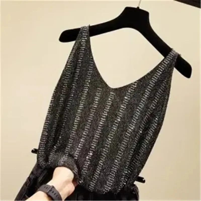 Rhinestones Tank Top Elegant Sleeveless Shiny Loose Camis Corset Summer Women\'s Tube Top Aesthetic Clothing Free Shipping Korean