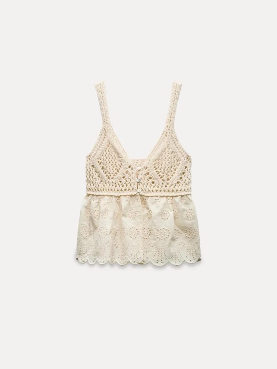 เสื้อถักผู้หญิงแฟชั่นใหม่ประจำฤดูร้อนปี 2024 สายรัดอเนกประสงค์ ลายปักฉลุ ตัดต่อผ้าถัก ทรงลำลอง ความยาวปกติ 00% อื่นๆ...