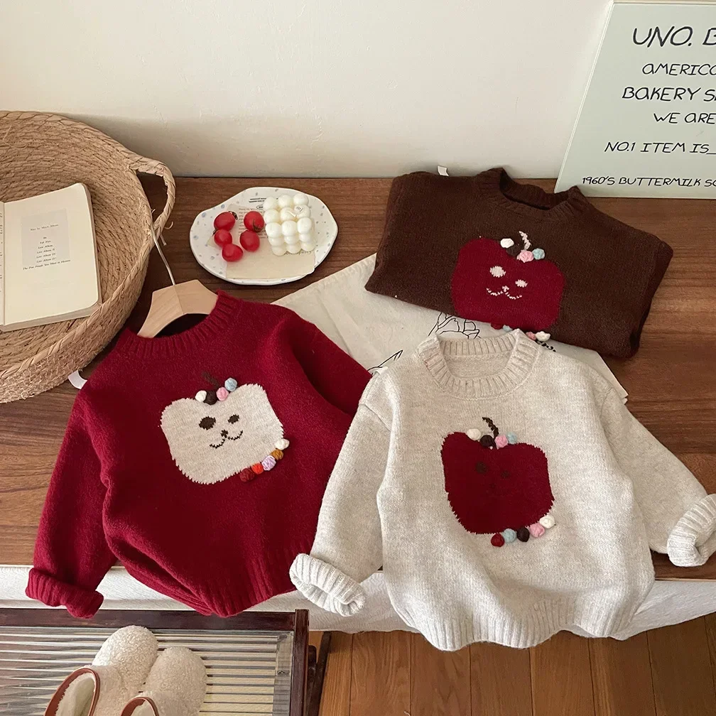 Girls' Apple Hand Embroidered Thick Base Knitted Sweater Autumn and Winter 2025 New Cute and Stylish Style Pullover Sweater